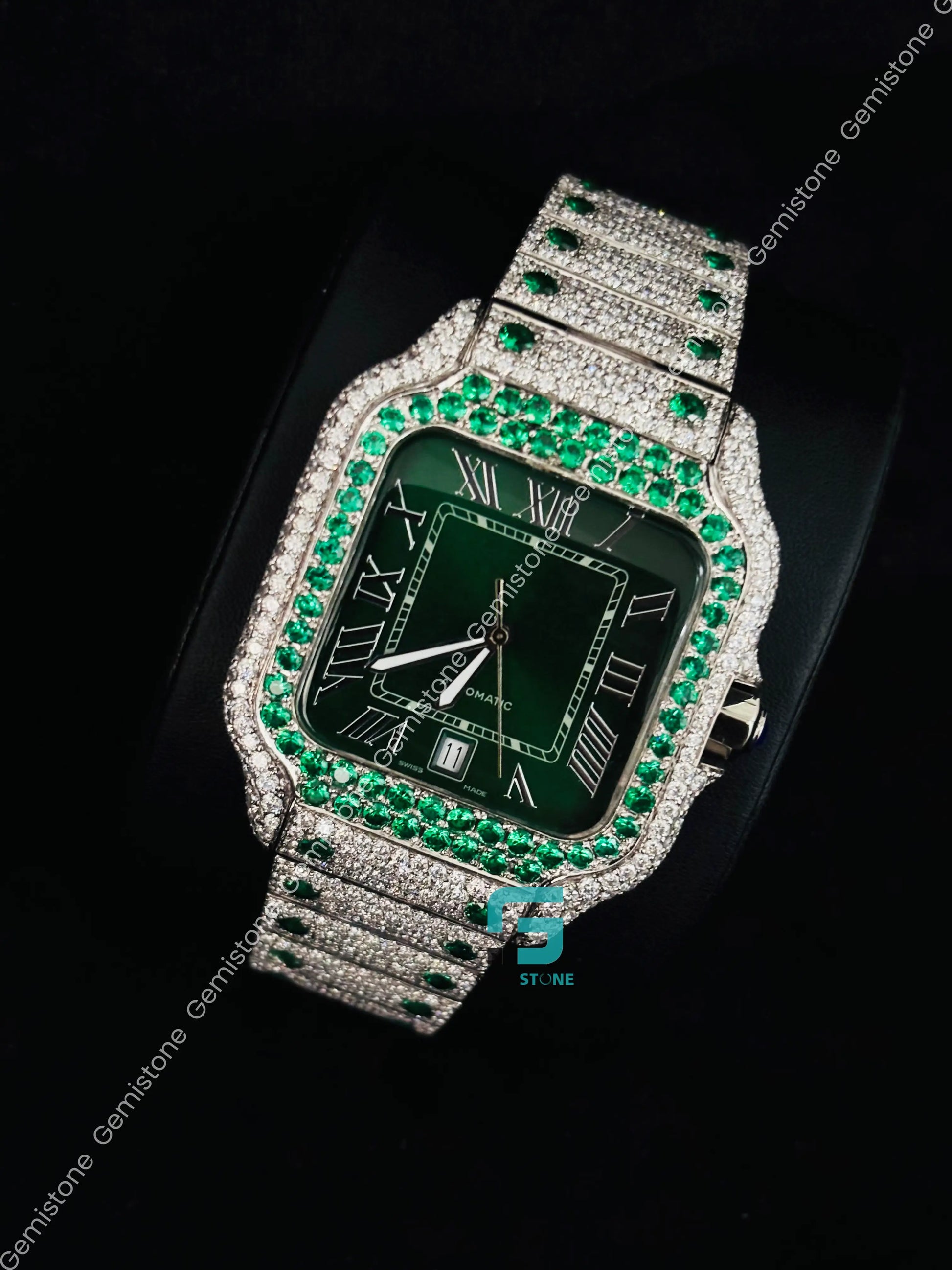 Green Diamond Studded Moissanite Cartier Iced Out Watch