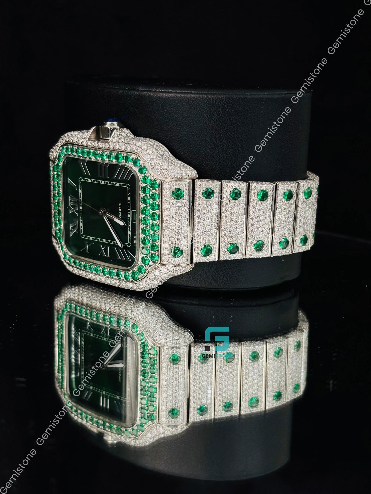 Green Diamond Studded Moissanite Cartier Watch