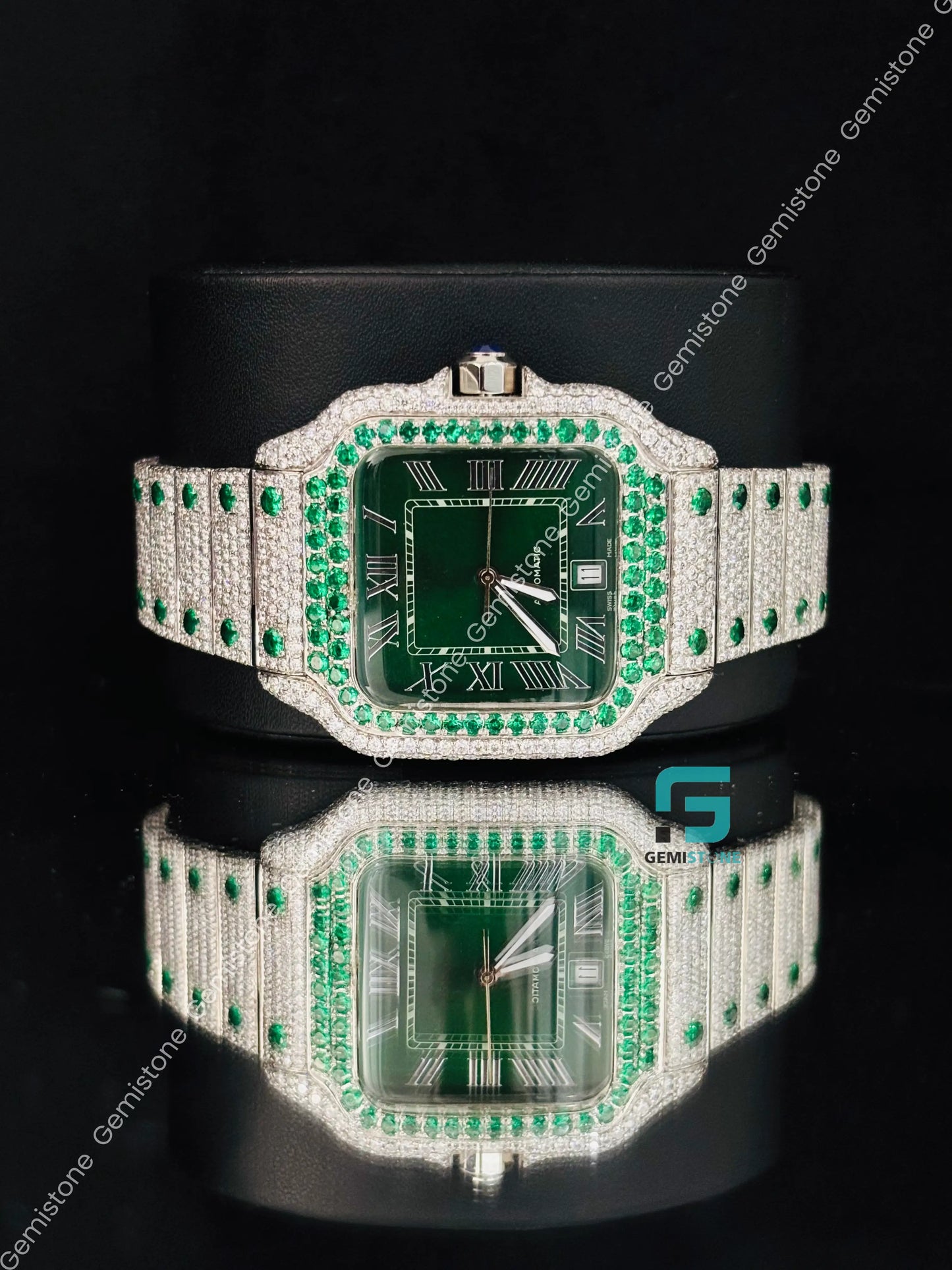 Green Diamond Studded Moissanite Roman Number Cartier Watch