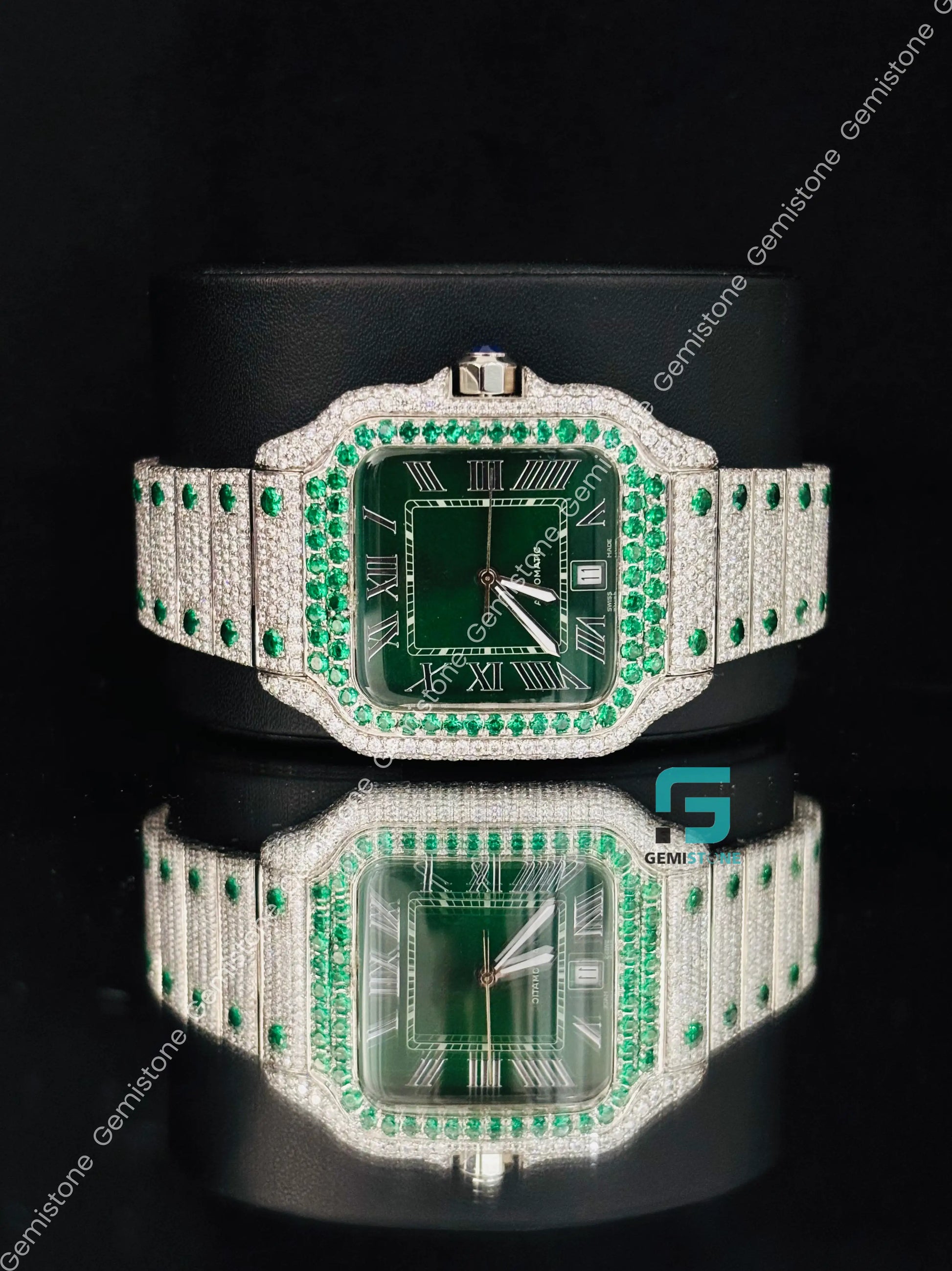 Green Diamond Studded Moissanite Roman Number Cartier Watch