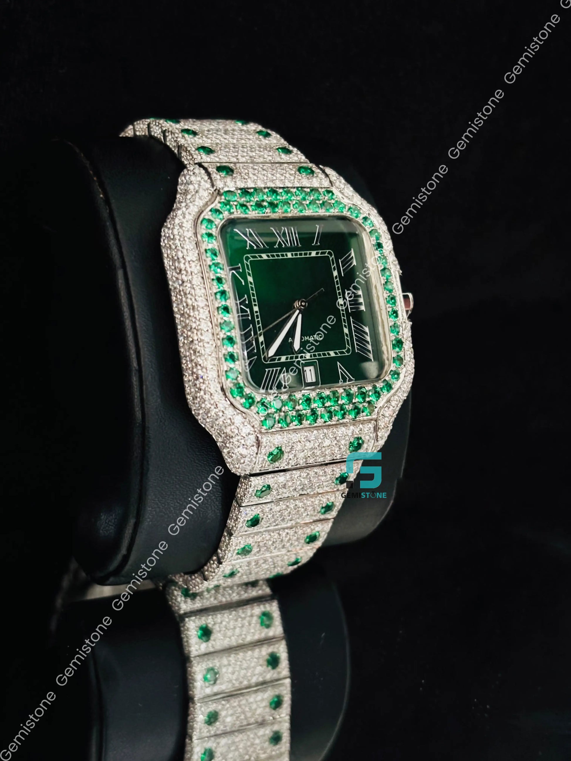 Green Diamond Studded Moissanite Roman Number Cartier Watch For Men