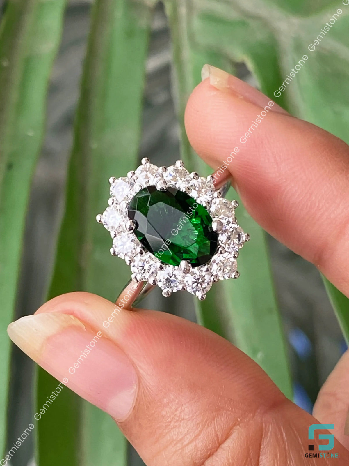 Green Oval Diamond Floral Halo Moissanite Ring