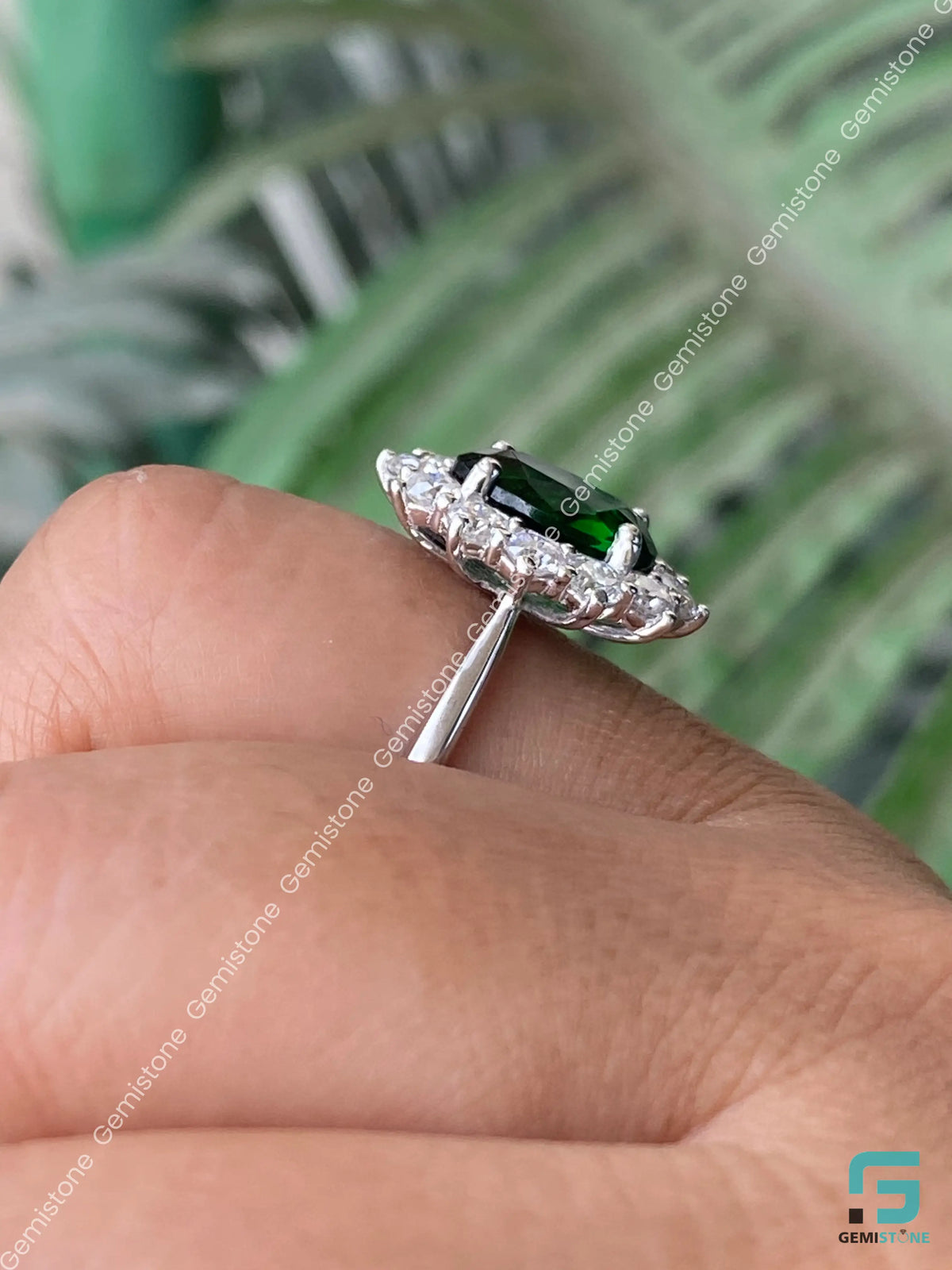 Green Oval Diamond Floral Halo Moissanite Ring For Women