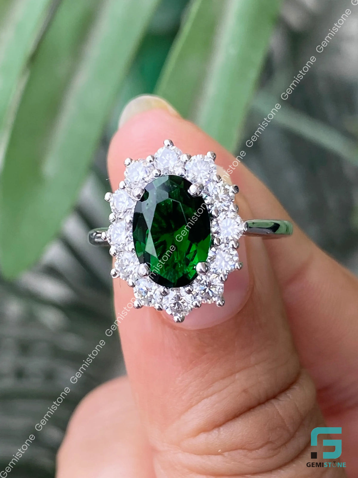 Green Oval Diamond Moissanite Floral Halo Ring