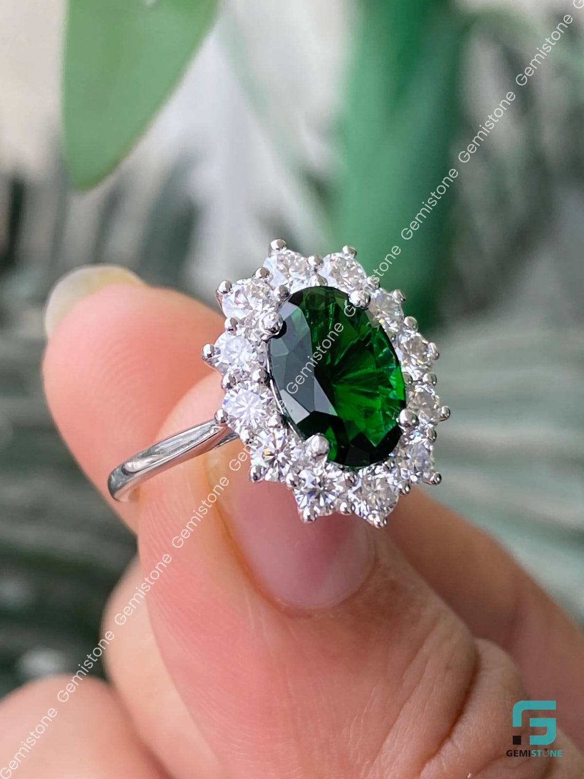 Green Oval Diamond Moissanite Floral Halo Ring For Women