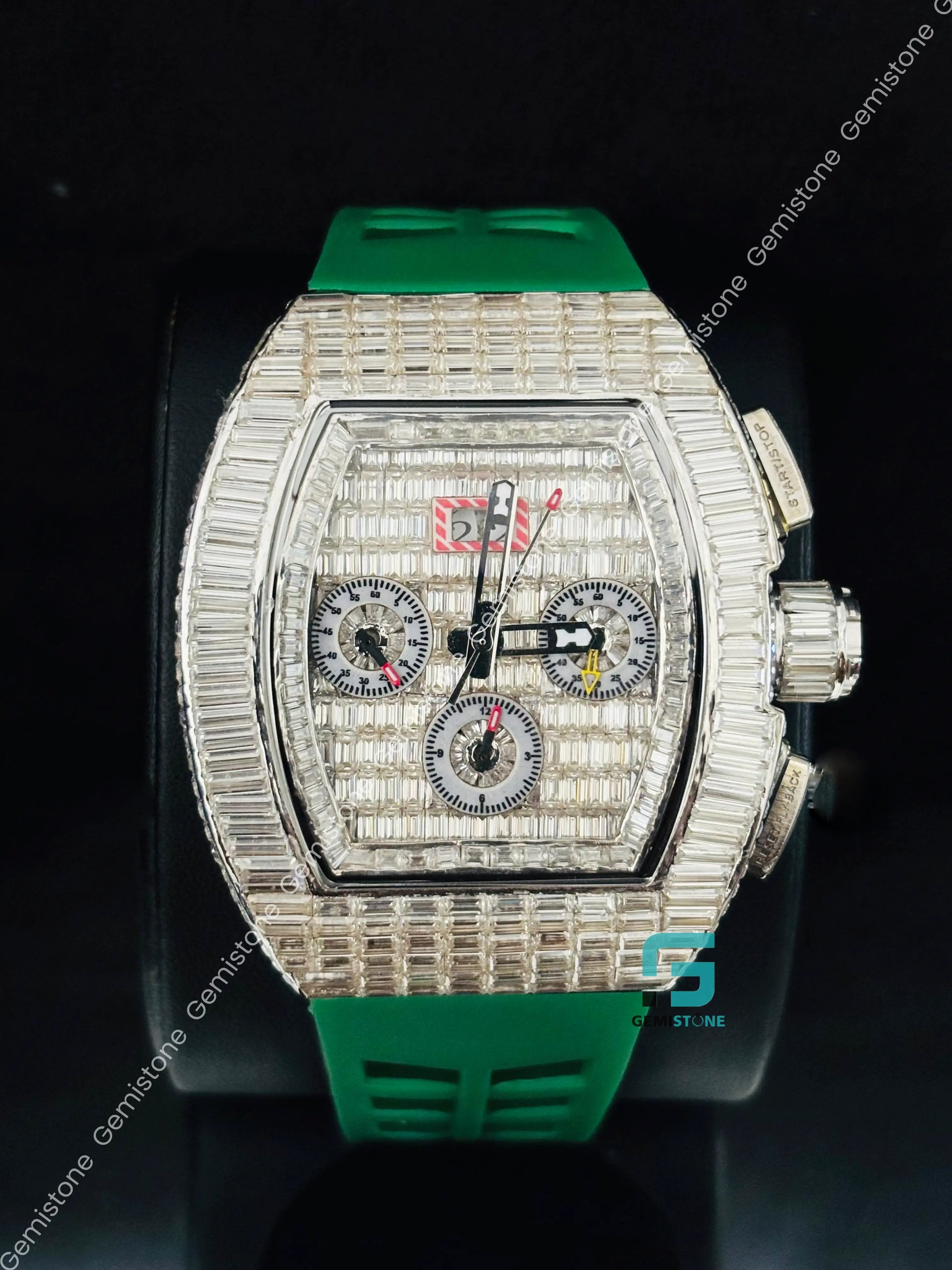 Green Silicon Starp Iced Out Moissanite Baguette Watch