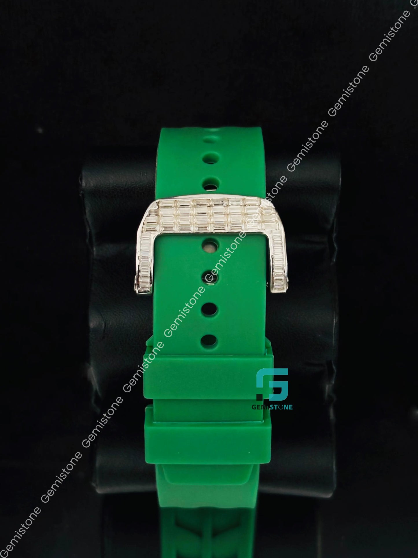 Green Silicon Starp Iced Out Moissanite Baguette Watch For Men
