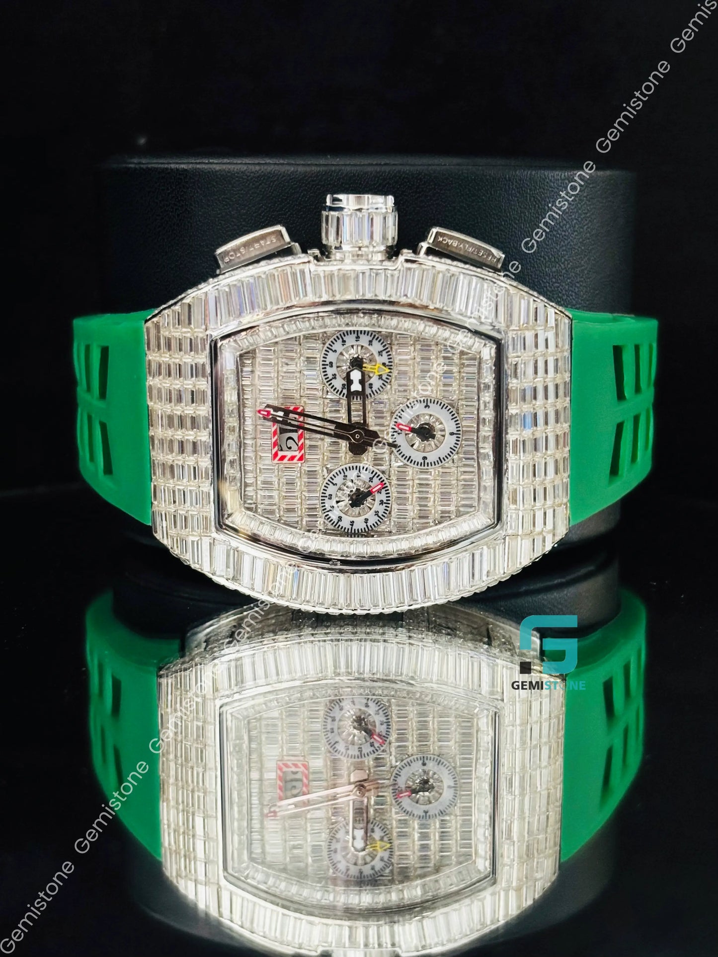 Green Silicon Starp Moissanite Baguette Hip Hop Watch