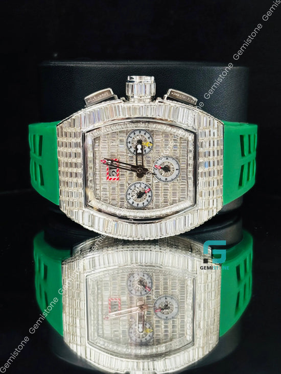 Green Silicon Starp Moissanite Baguette Hip Hop Watch