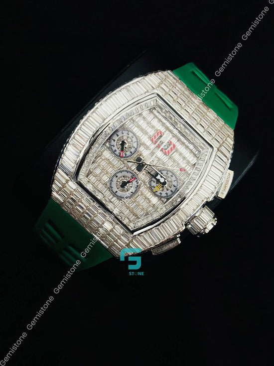 Green Silicon Starp Moissanite Baguette Watch For Men