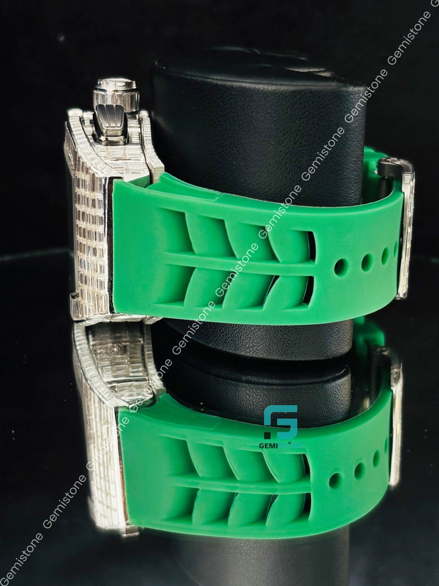 Green Silicon Starp Moissanite Fully Baguette Hip Hop Watch
