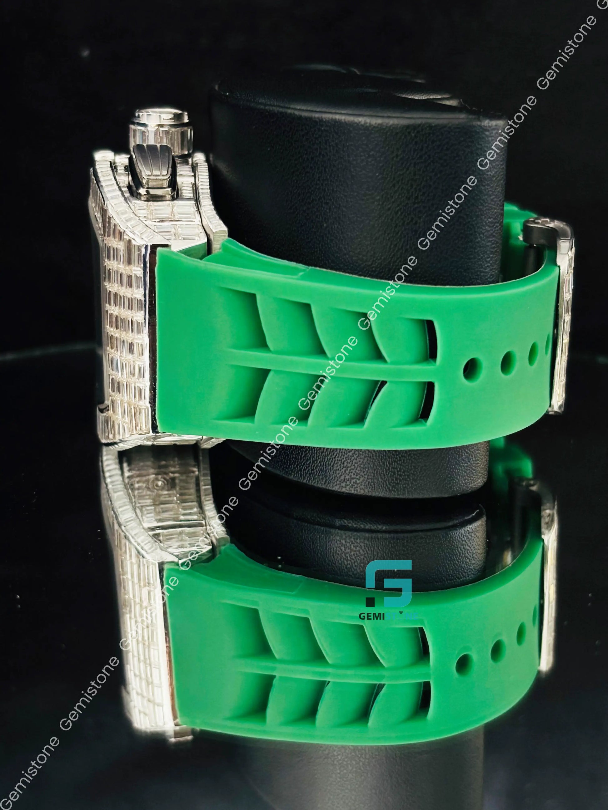 Green Silicon Starp Moissanite Fully Baguette Hip Hop Watch