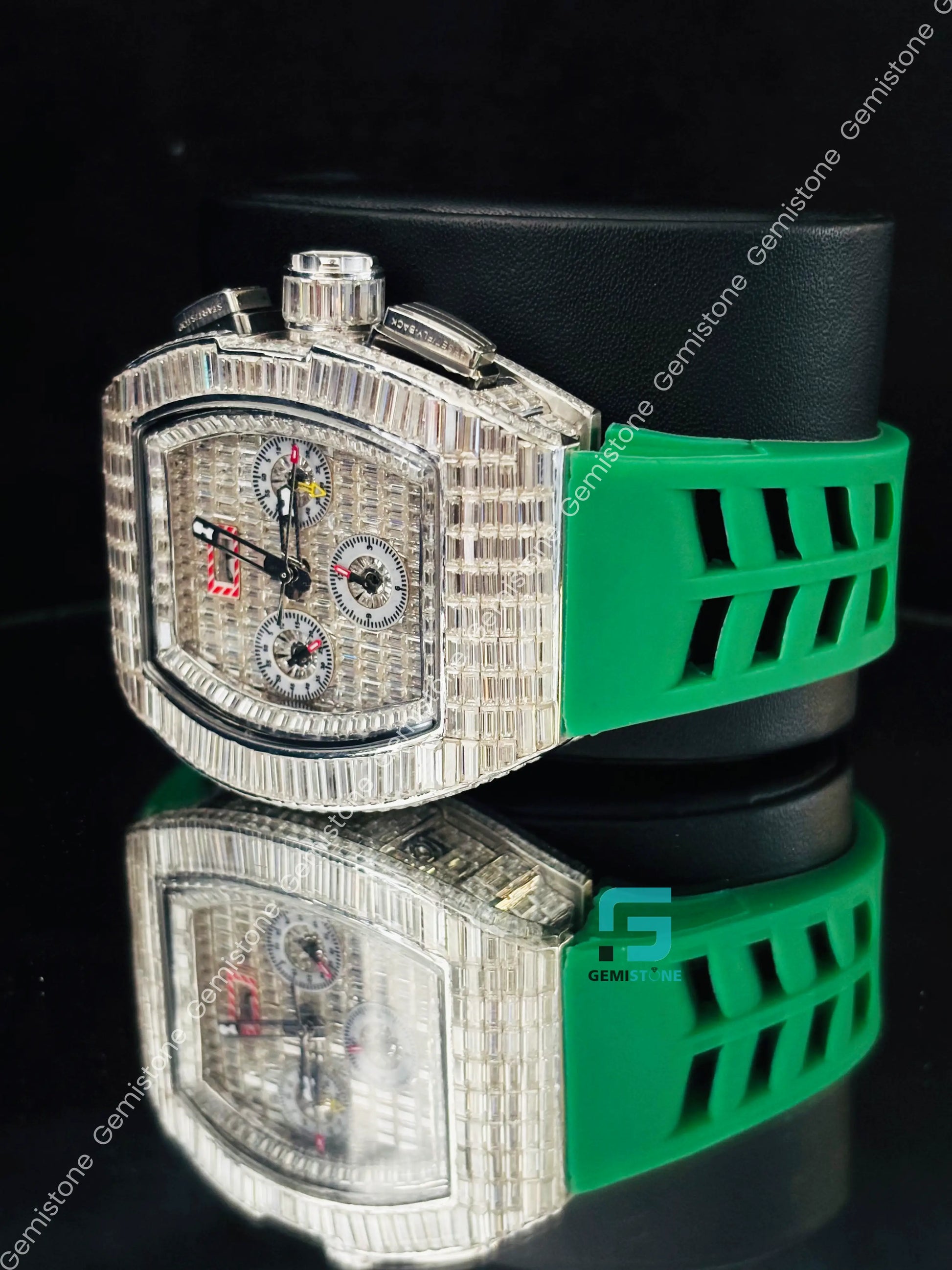 Green Silicon Starp Moissanite Fully Baguette Hip Hop Watch For Men