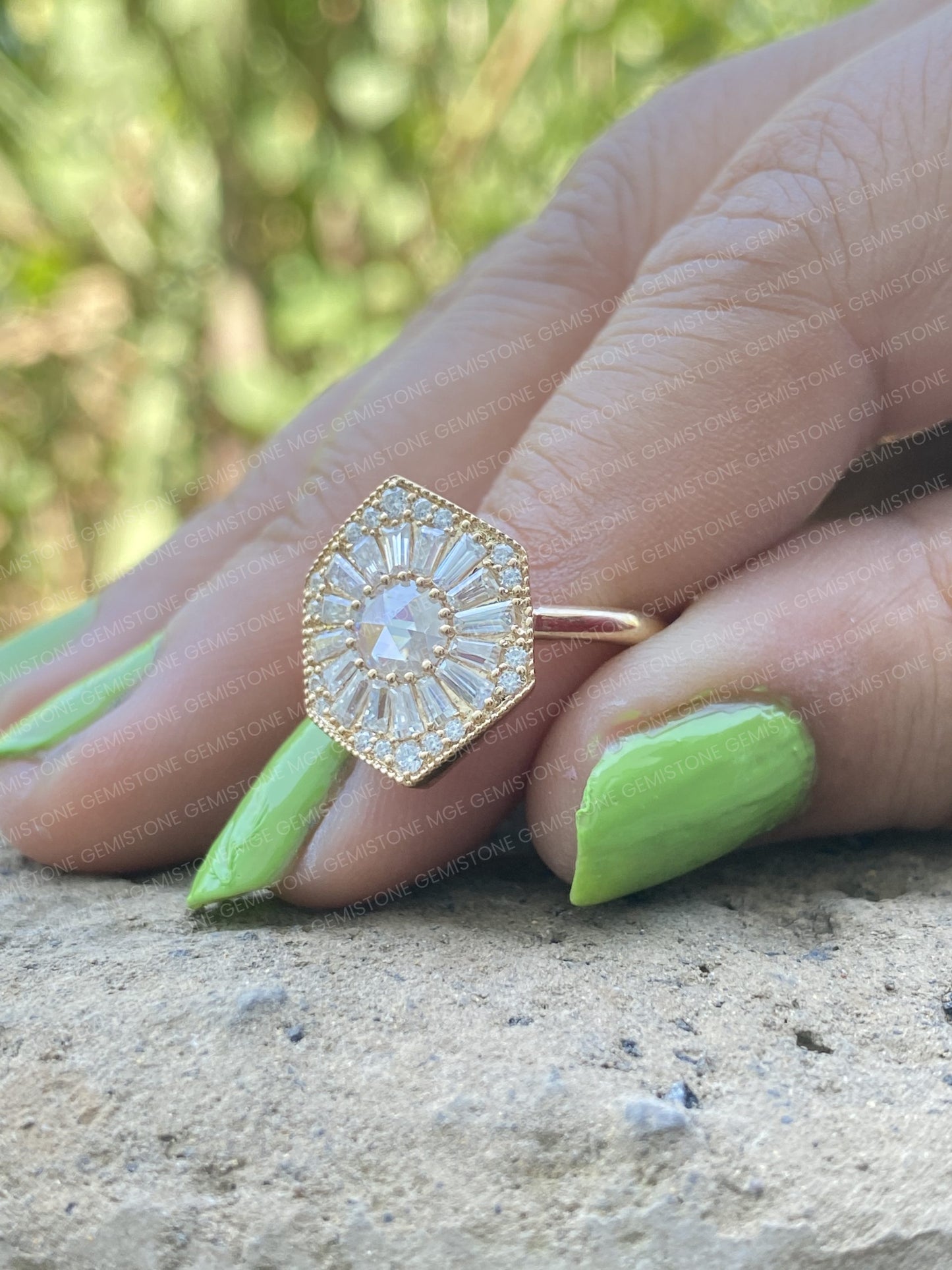 Hexagon Shape Round Rose Cut Moissanite Halo Vintage Engagement Ring