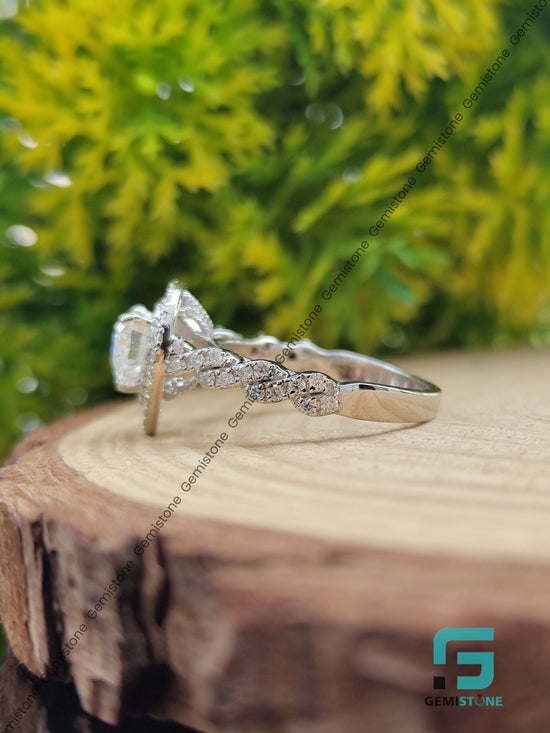 Vintage Infinity Band Moissanite Diamond Double Halo Heart Ring