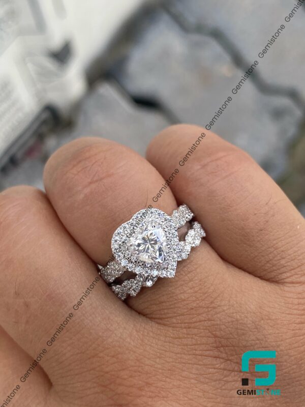 Vintage Infinity Band Moissanite Diamond Double Halo Heart Ring