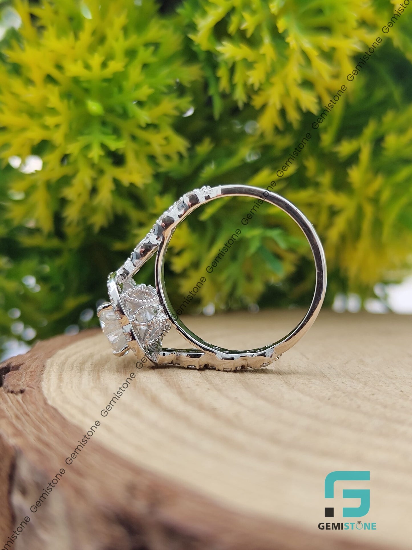 Vintage Infinity Band Moissanite Diamond Double Halo Heart Ring