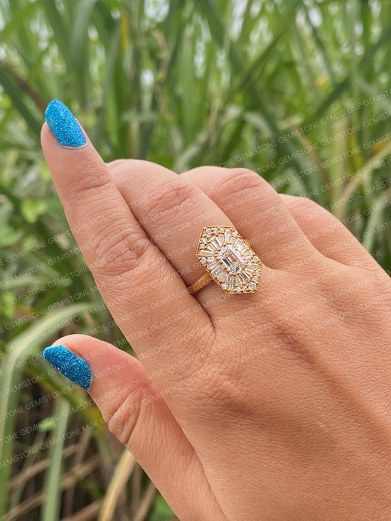 Emerald Cut Moissanite Halo Cluster Vintage Engagement Ring