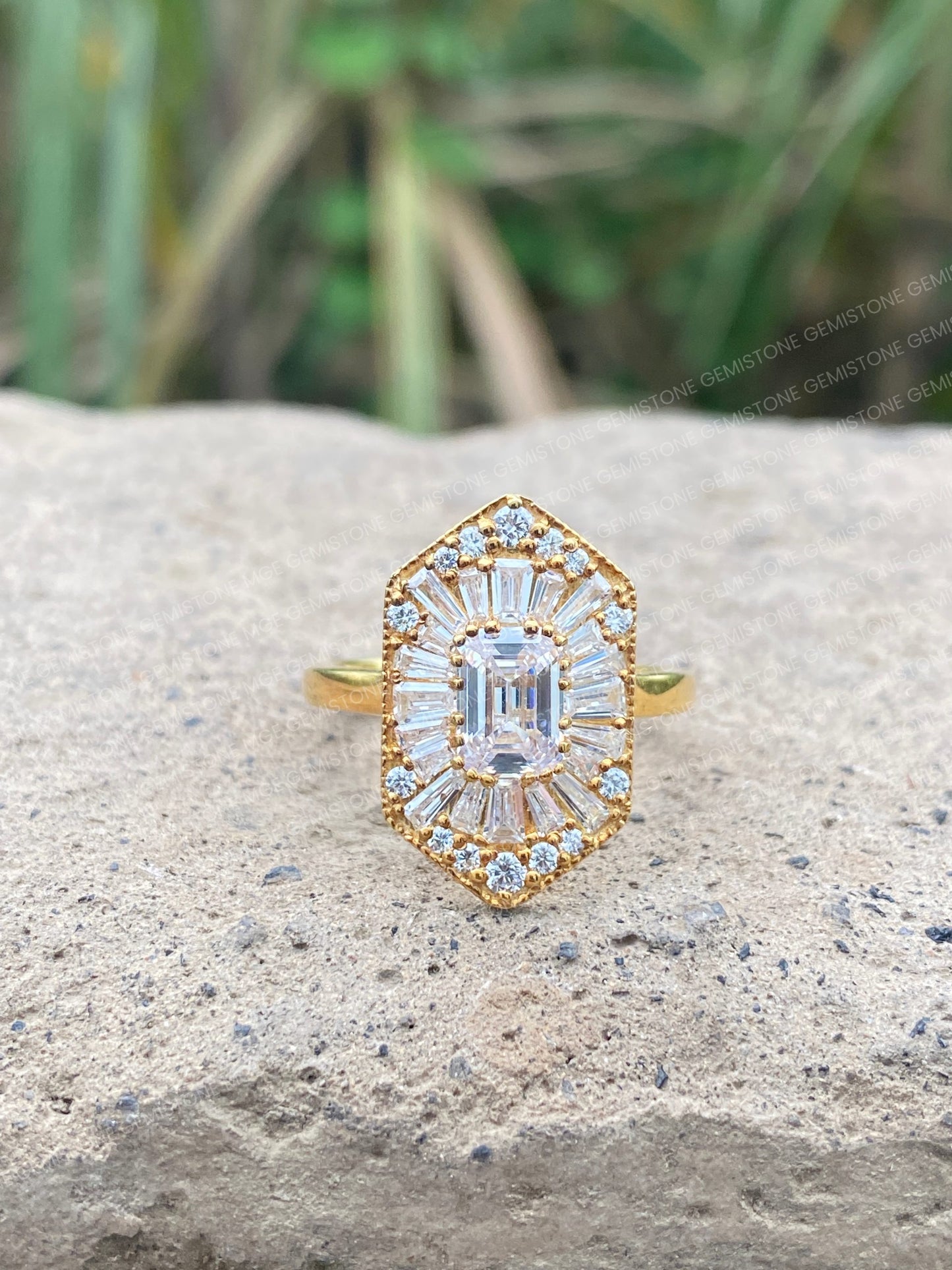 Emerald Cut Moissanite Halo Cluster Vintage Engagement Ring