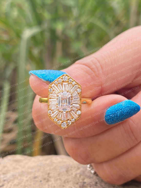 Emerald Cut Moissanite Halo Cluster Vintage Engagement Ring