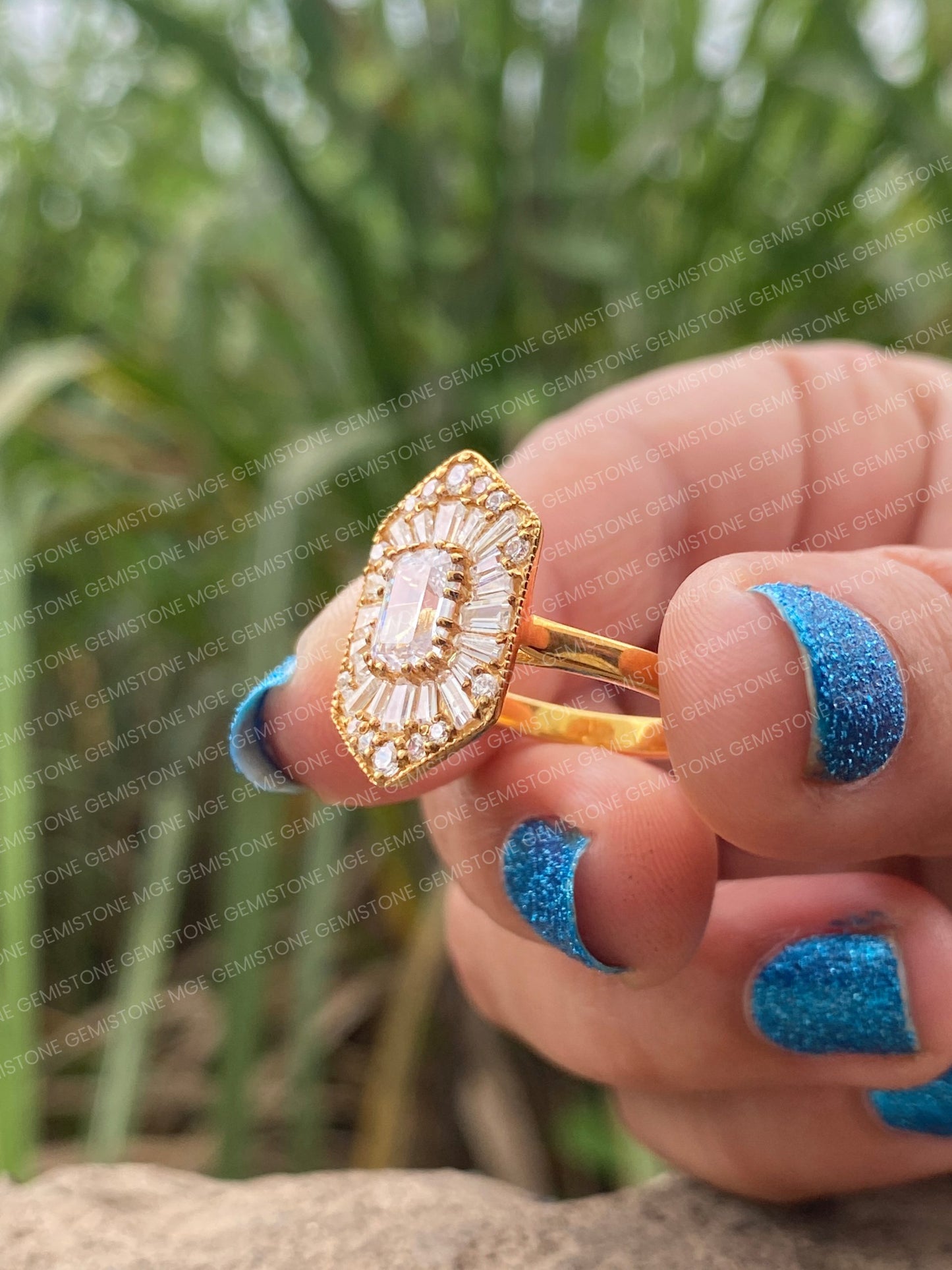 Emerald Cut Moissanite Halo Cluster Vintage Engagement Ring