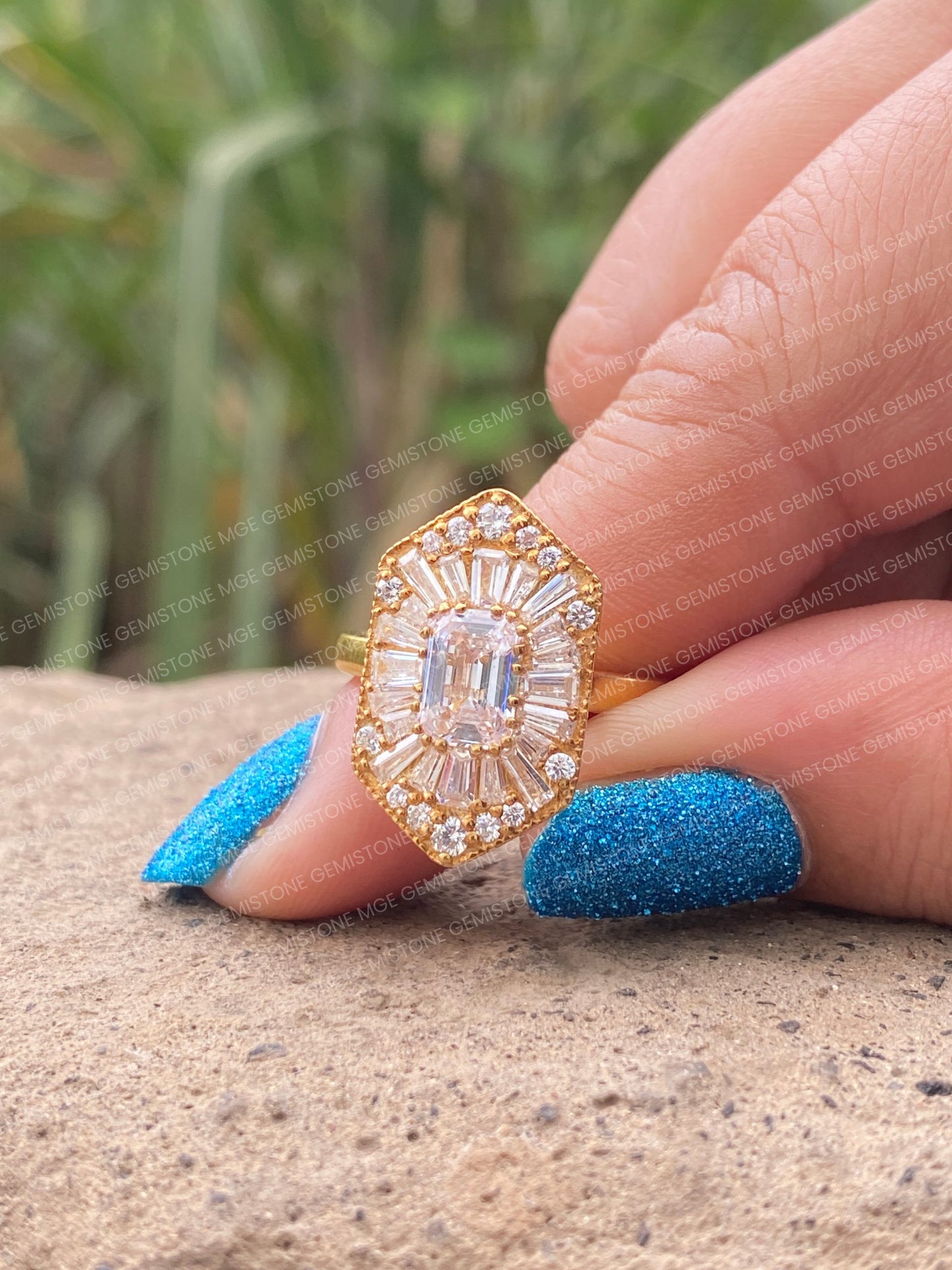 Emerald Cut Moissanite Halo Cluster Vintage Engagement Ring