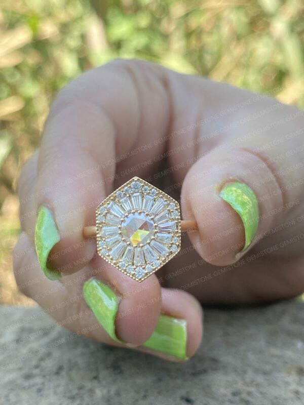 Hexagon Shape Round Rose Cut Moissanite Halo Vintage Engagement Ring