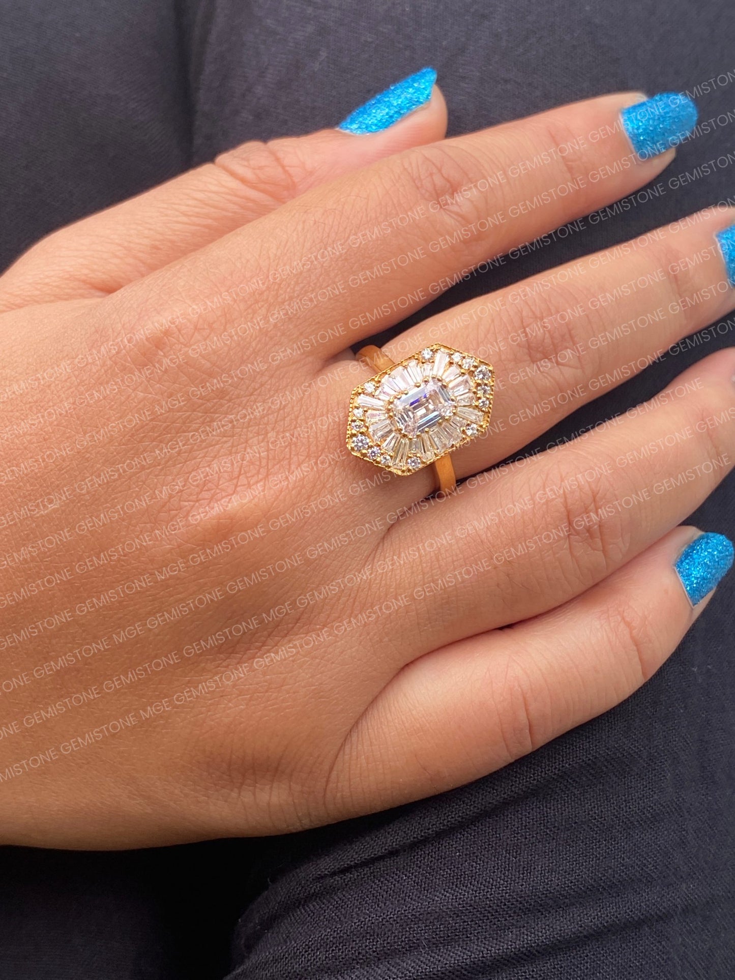 Emerald Cut Moissanite Halo Cluster Vintage Engagement Ring