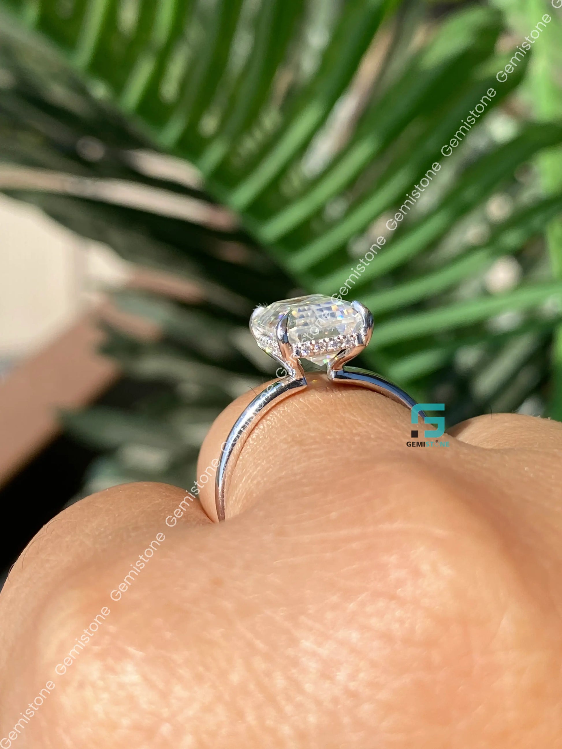 Hidden Halo Emerald Cut Moissanite Engagement Ring