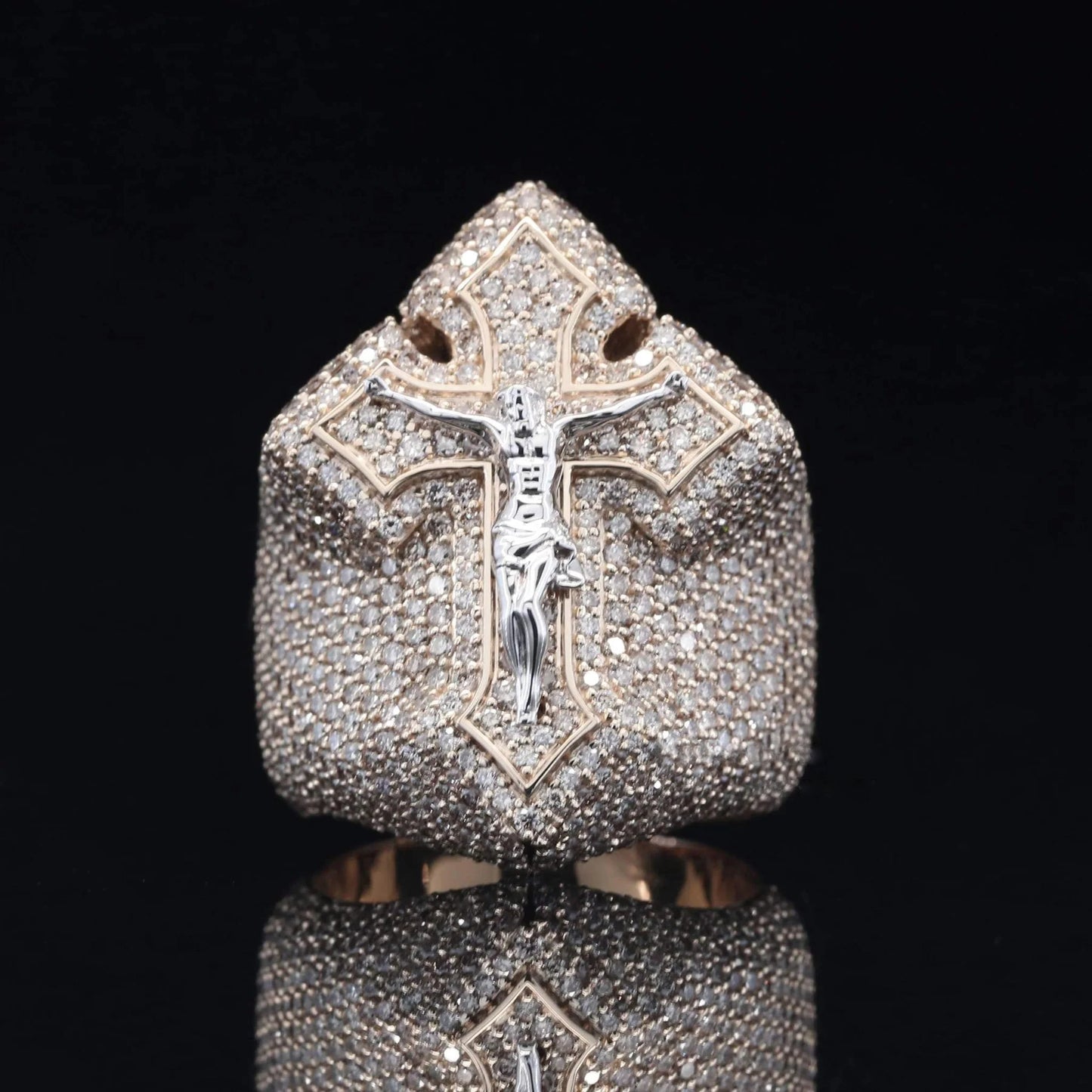 925 Silver Heavy Mens Round Moissanite Hip Hop Jesus Cross Ring