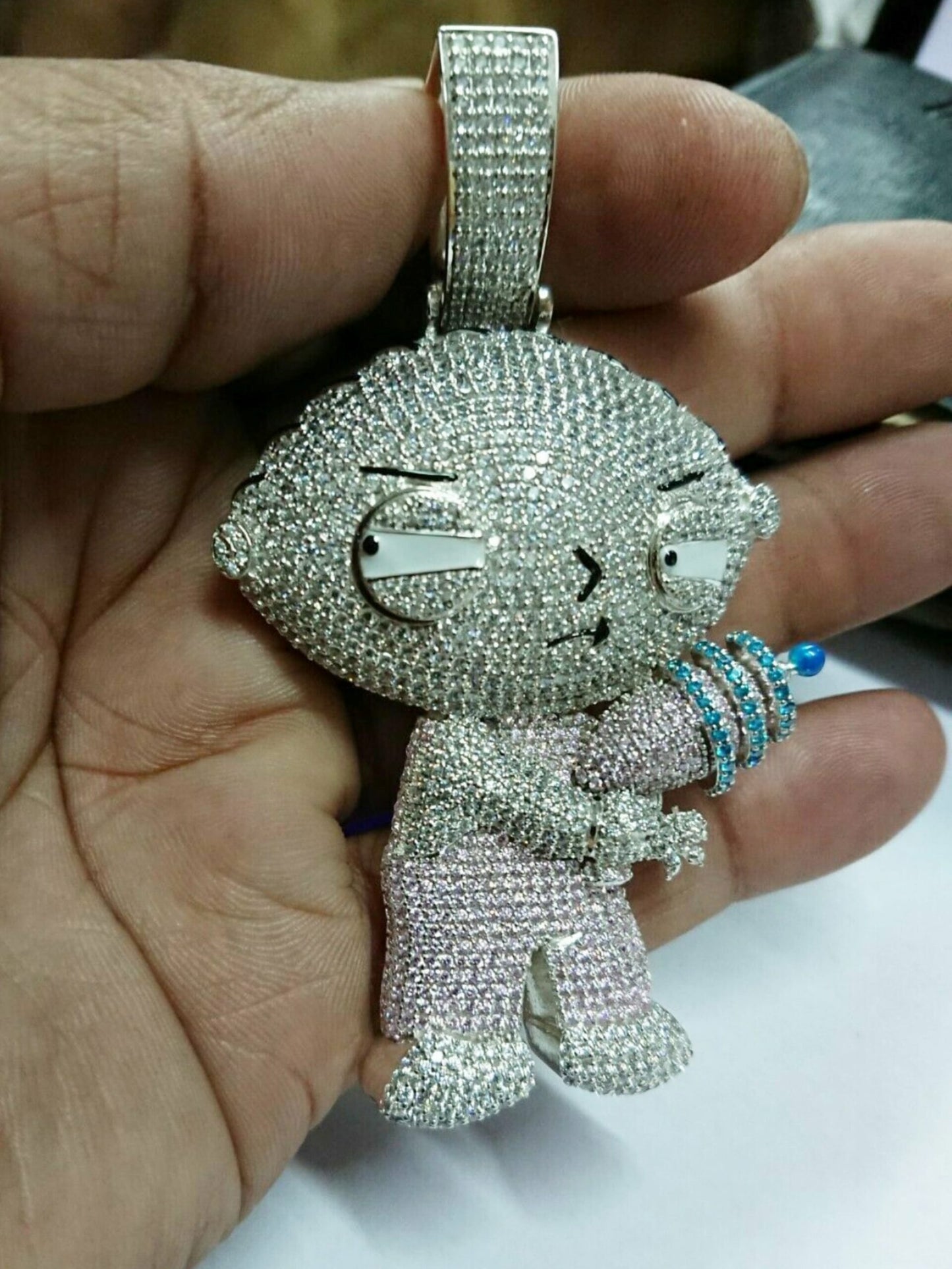 3" Long 1.5" Wide Moissanite Iced Out Cartoon Stewie Griffin Pendant
