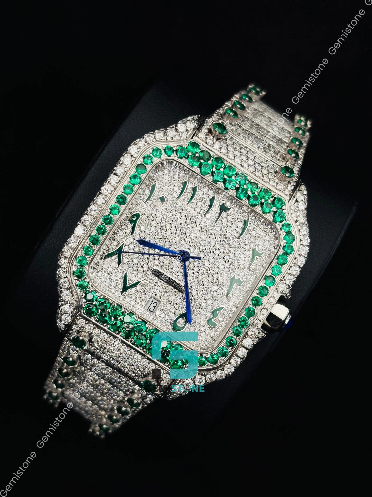 Hip Hop White Green Stone Moissanite Watch
