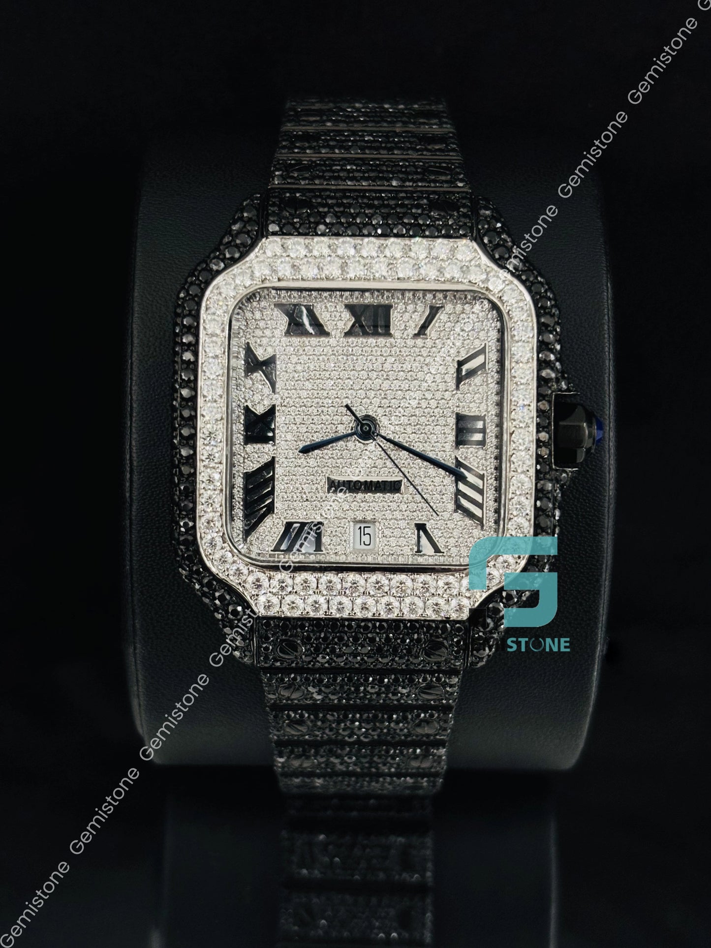 Hip Hop Black Roman Number Moissanite Iced Out Watch