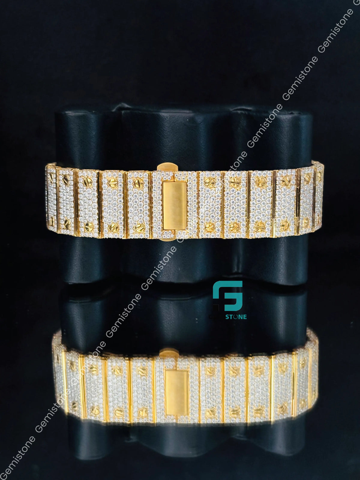 Hip Hop Cartier Yellow Gold Plated Moissanite Skeleton Dial Watch For Men