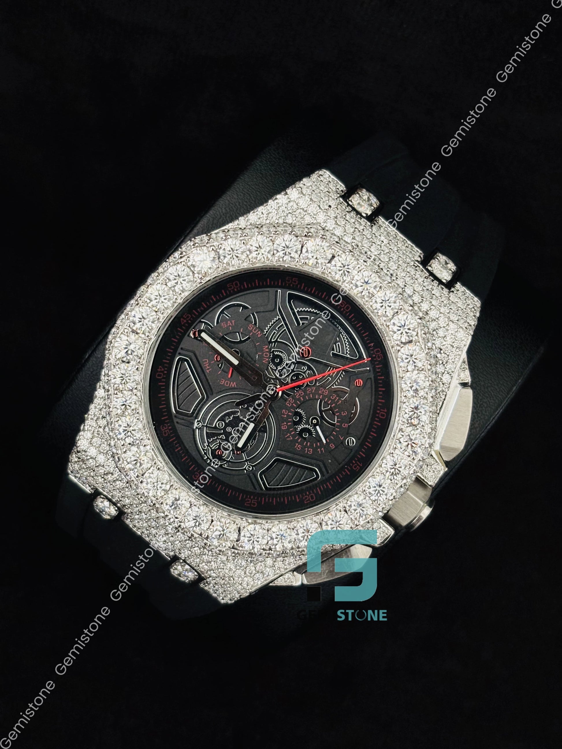 Hip Hop Moissanite Bust Down Black Rubber Belt Moissanite Watch