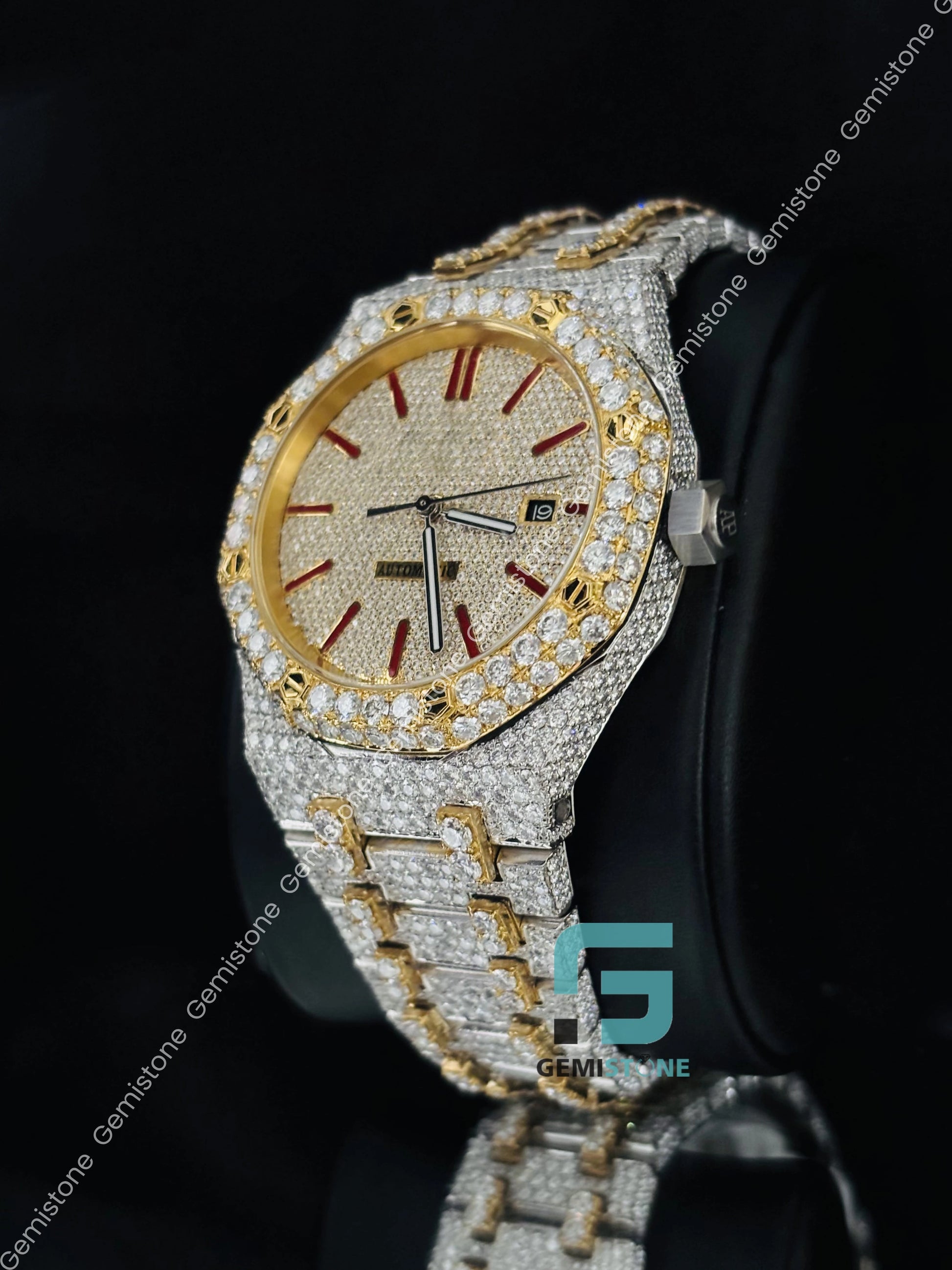 Hip Hop Moissanite Two Tone Red Baguette Bar Watch