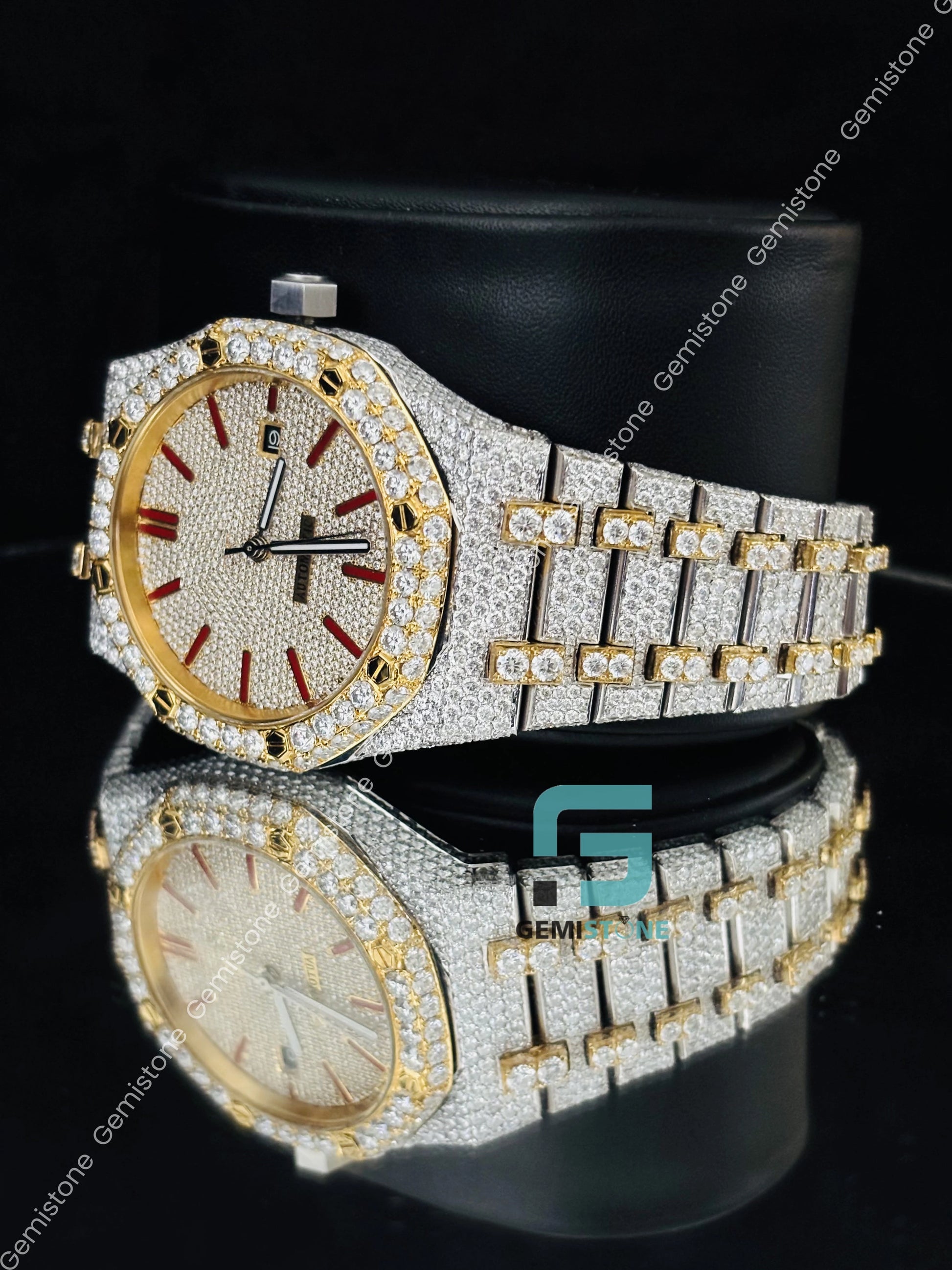 Hip Hop Yellow Gold Plated Moissanite Wrist Watch