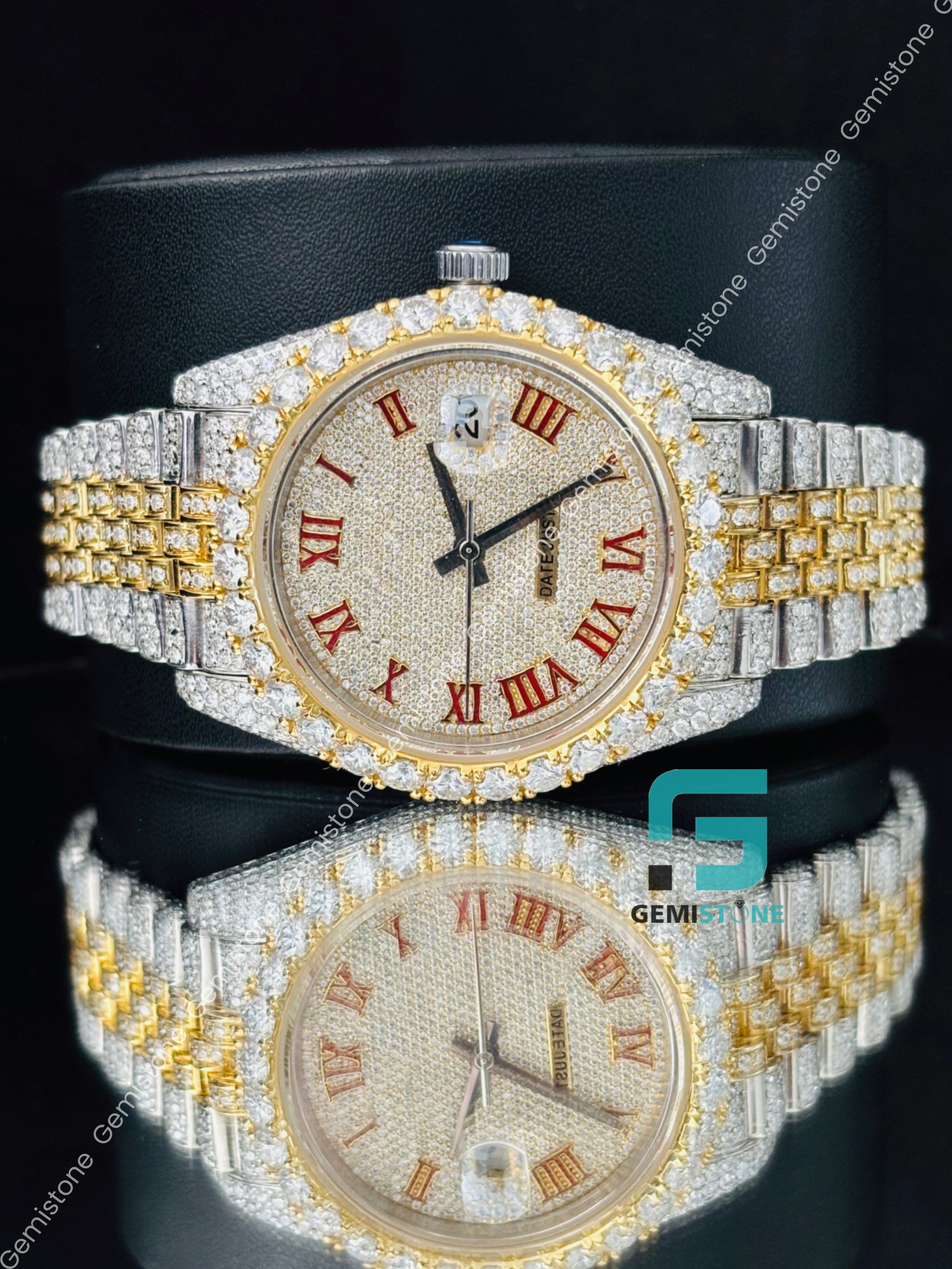 Men Two Tone Red Roman Number Moissanite Rappers Watch – Gemistone