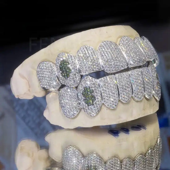 925 Sterling Silver Honeycomb Set Moissanite VVS Diamond Grillz