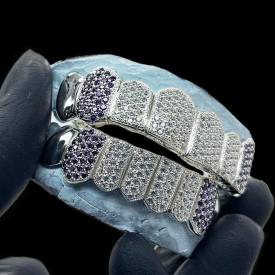 Unique 8 On 8 White & Purple Moissanite Honeycomb Diamond Grillz