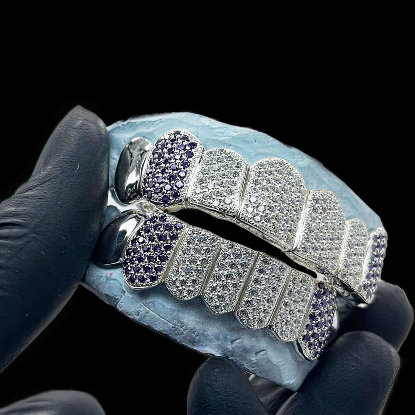 Unique 8 On 8 White & Purple Moissanite Honeycomb Diamond Grillz
