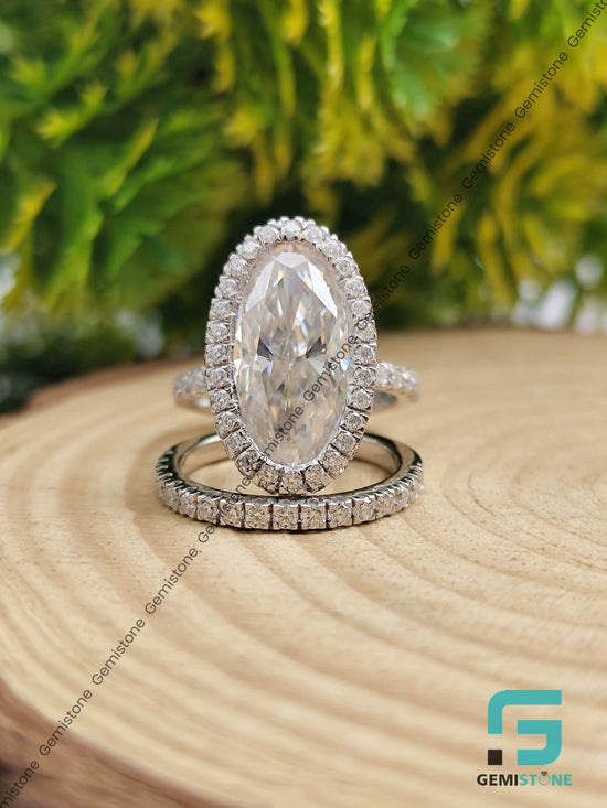 5 CT Bridal Hidden Halo Elongated Oval Wedding Ring Set