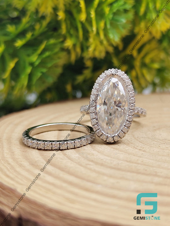 5 CT Bridal Hidden Halo Elongated Oval Wedding Ring Set