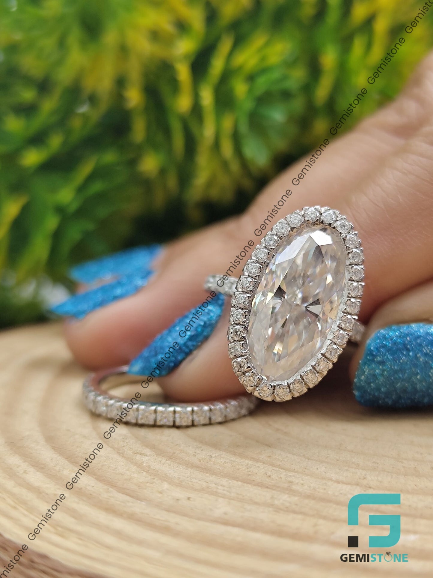 5 CT Bridal Hidden Halo Elongated Oval Wedding Ring Set