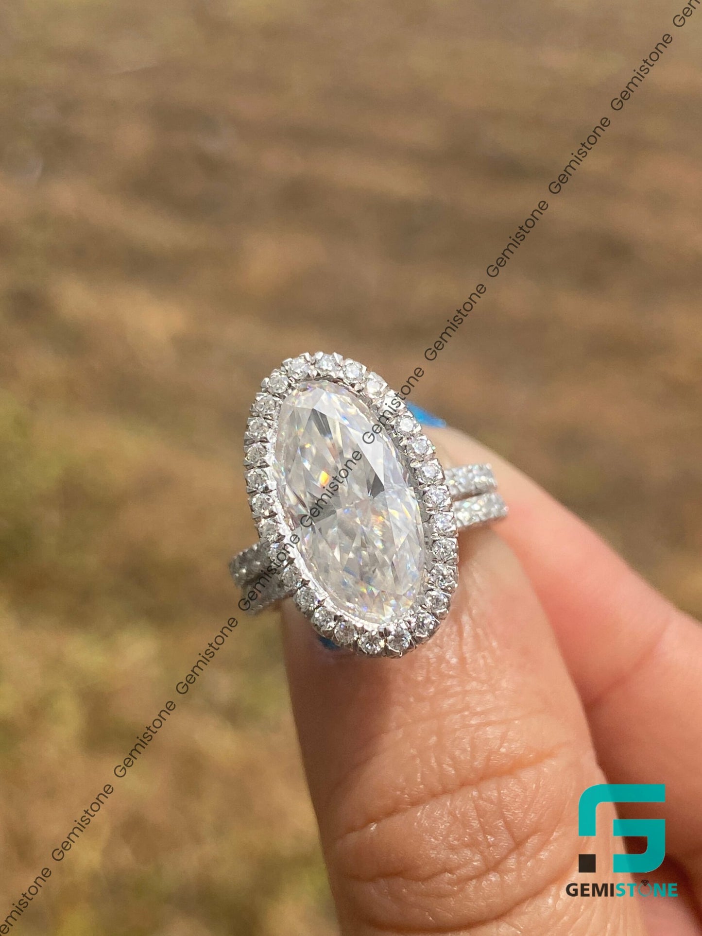 5 CT Bridal Hidden Halo Elongated Oval Wedding Ring Set