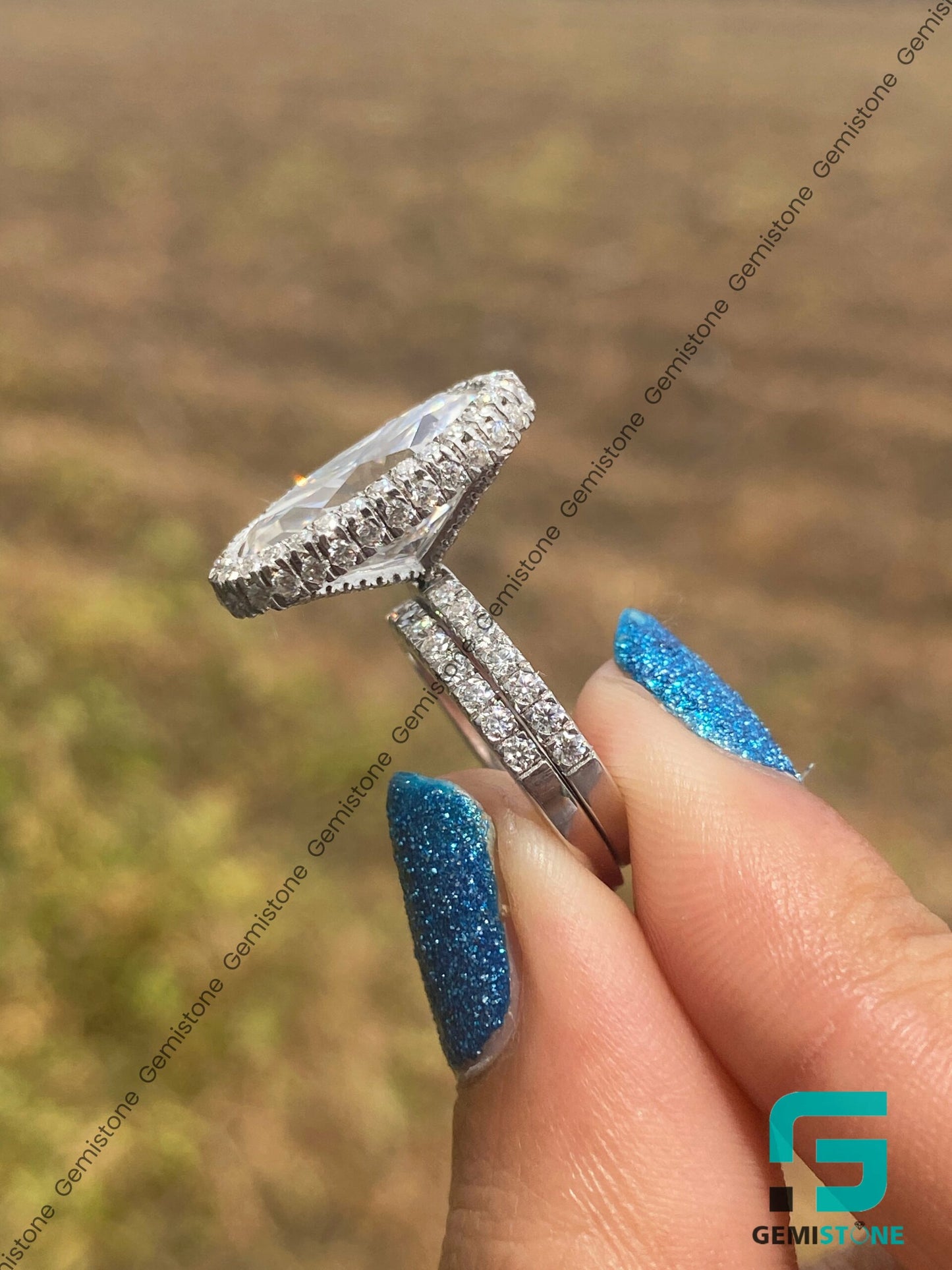 5 CT Bridal Hidden Halo Elongated Oval Wedding Ring Set