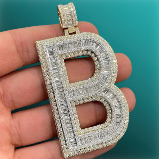 Baguettte and Round Moissanite Diamond Custom Initial Iced Out Letter Pendant
