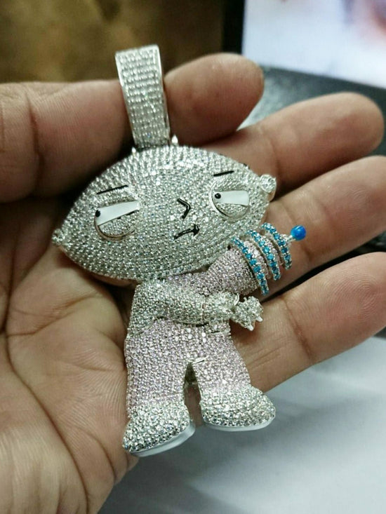 3" Long 1.5" Wide Moissanite Iced Out Cartoon Stewie Griffin Pendant