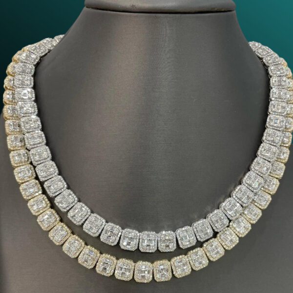 Iced Out Rectangle Moissanite Link Round and Baguette Diamond Necklace