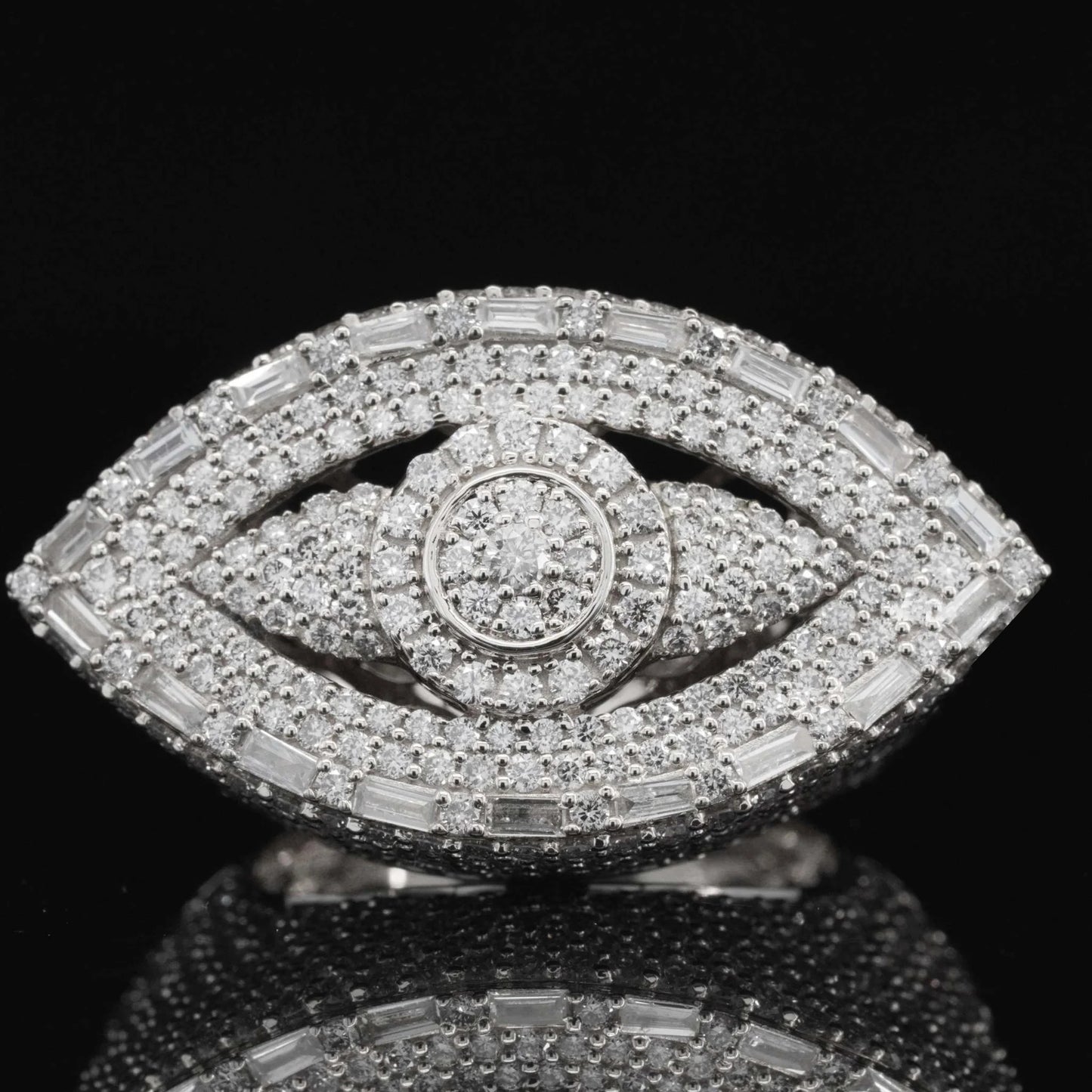 Mens 925 Silver Evil Eye Moissanite Iced Out Baguette Ring